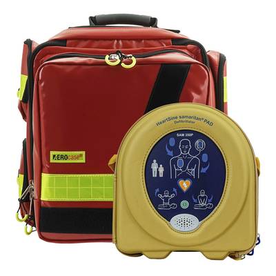 Sac à dos de premiers secours rouge à côté d'un défibrillateur avec des symboles de massage cardiaque et de ventilation sur un écran numérique.