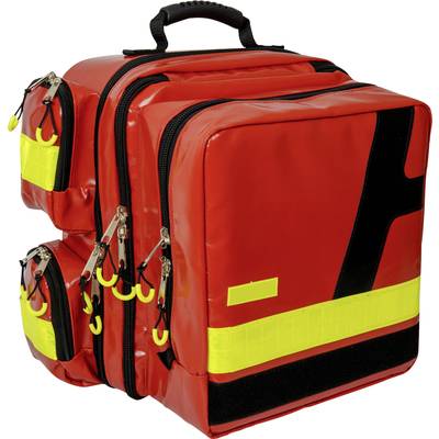 Un sac à dos de secours rouge avec plusieurs bandes réfléchissantes jaunes et de nombreuses poches, adapté aux services de secours et de santé.