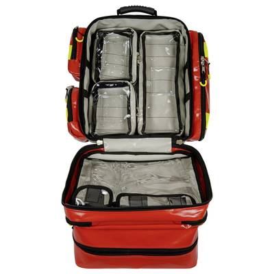Sac à dos de secours rouge avec compartiments ouverts montrant des poches intérieures transparentes pour l'équipement médical.
