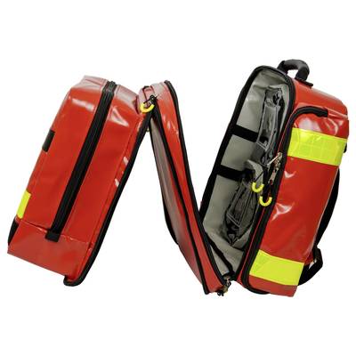 Sac à dos de secours rouge ouvert, avec une bande jaune. L'intérieur révèle plusieurs compartiments destinés au rangement de produits médicaux.