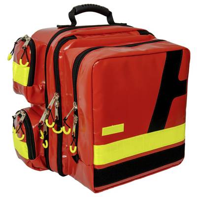 Sac à dos de secours rouge avec plusieurs compartiments et bandes réfléchissantes jaunes, adapté aux interventions de secours.