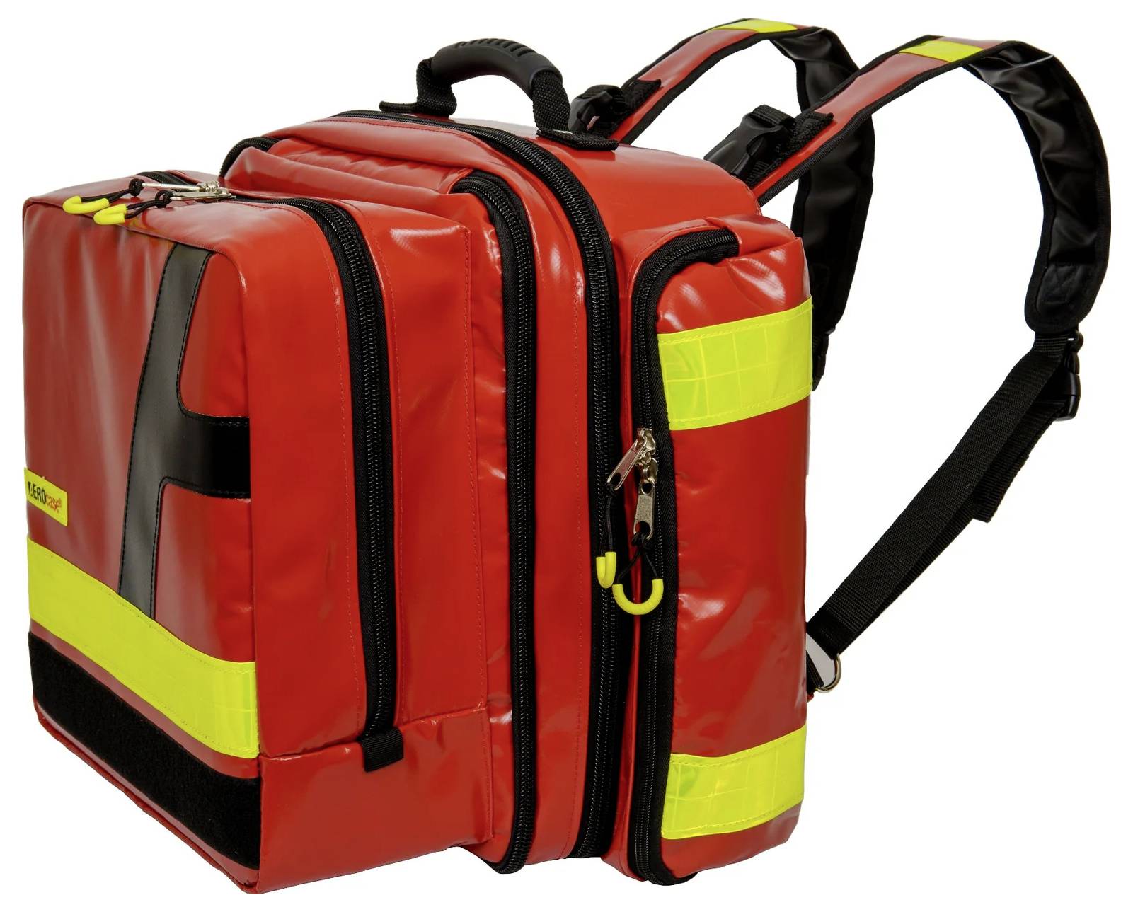 Sac à dos de secours rouge avec des bandes noires et jaunes, de nombreuses poches et fermetures éclair, utilisé pour ranger du matériel médical.