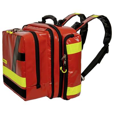 Sac à dos de secours rouge avec des bandes noires et jaunes, de nombreuses poches et fermetures éclair, utilisé pour ranger du matériel médical.