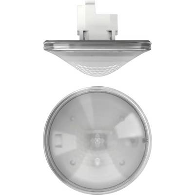 Un détecteur de mouvement circulaire gris avec un couvercle bombé et transparent, monté sur un mur ou un plafond.