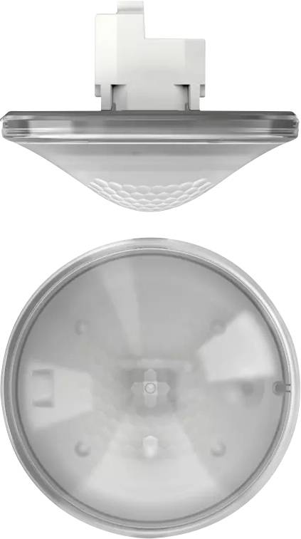 Un détecteur de mouvement blanc de forme circulaire, avec une lentille centrale et un motif hexagonal en surface, conçu pour détecter les mouvements dans un espace.
