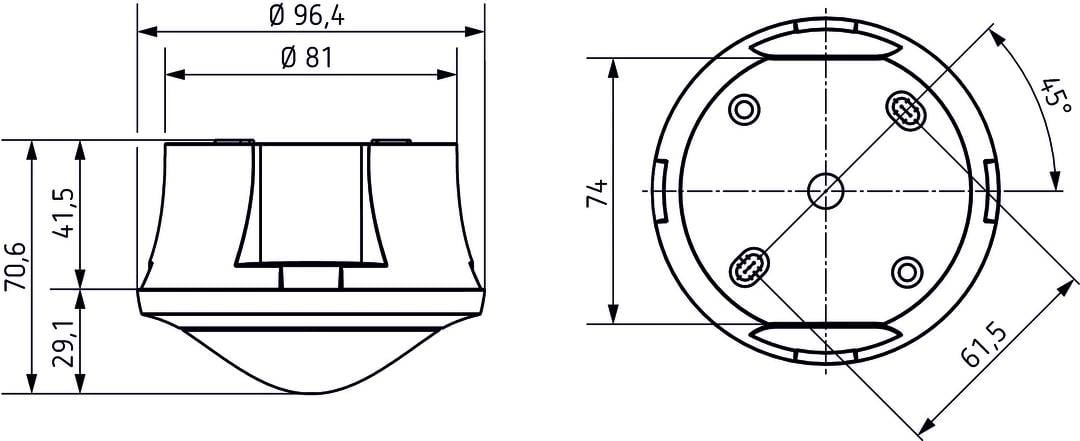 Dessin technique d'un dispositif circulaire avec dimensions ; présente une coupe transversale et une vue de face avec des indications de mesure de 74 mm et 64 mm.