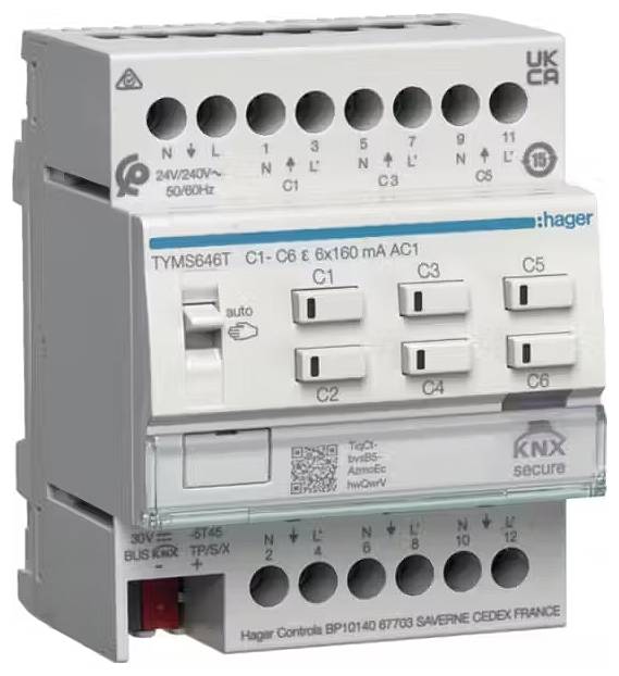 Un dispositif électronique de commutation Hager avec plusieurs emplacements et étiquettes de C1 à C6. Adapté pour une tension de 24-240V.