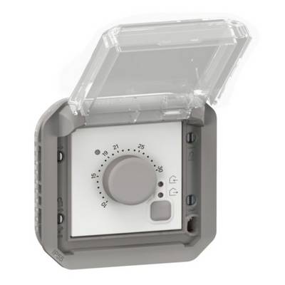 Thermostat gris avec bouton rotatif pour le réglage de la température, gradué de 5 à 30 degrés Celsius, équipé d'un couvercle rabattable transparent.