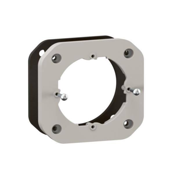 Élément de montage carré gris avec des coins arrondis et plusieurs points de fixation. Utilisé pour l'installation d'équipements techniques.