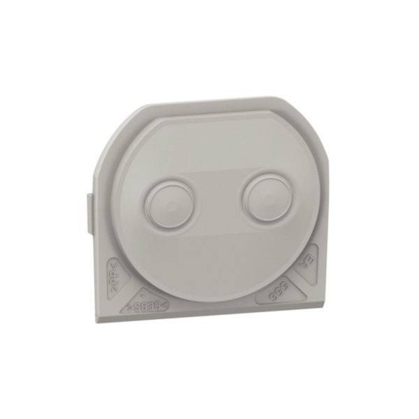 Un couvercle en plastique gris avec deux boutons ronds et les inscriptions 'Ouvrir' et 'Pause'. Possible composant d'un appareil plus grand.