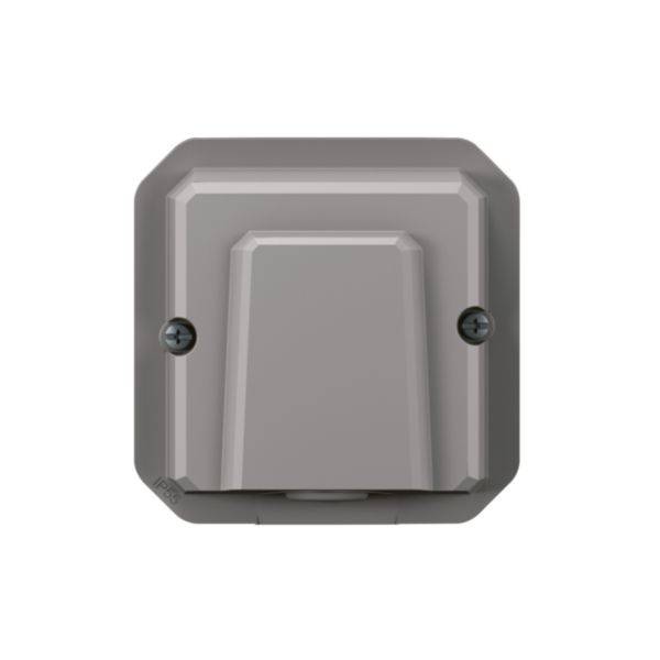 Une prise murale rectangulaire grise avec couvercle et deux vis apparentes.