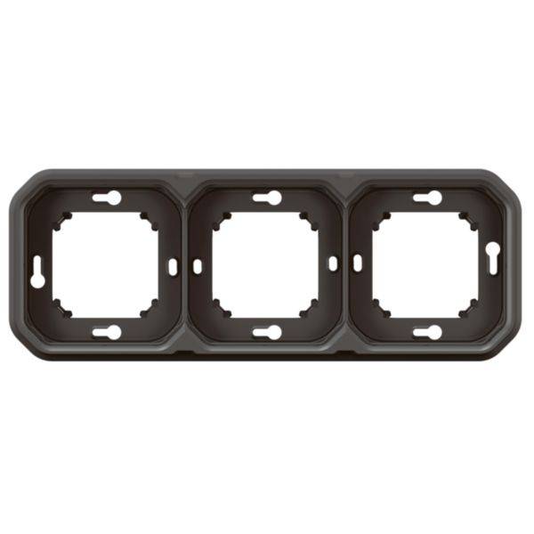 Cadre triple noir pour montage de trois prises de courant ou interrupteurs individuels, adapté aux installations intérieures.