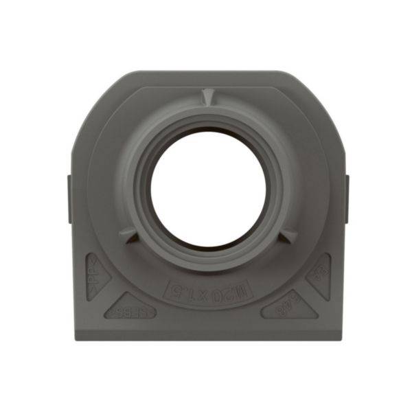 Un support rectangulaire en plastique gris avec un trou central rond, probablement destiné à la fixation de composants de caméra ou de capteurs.