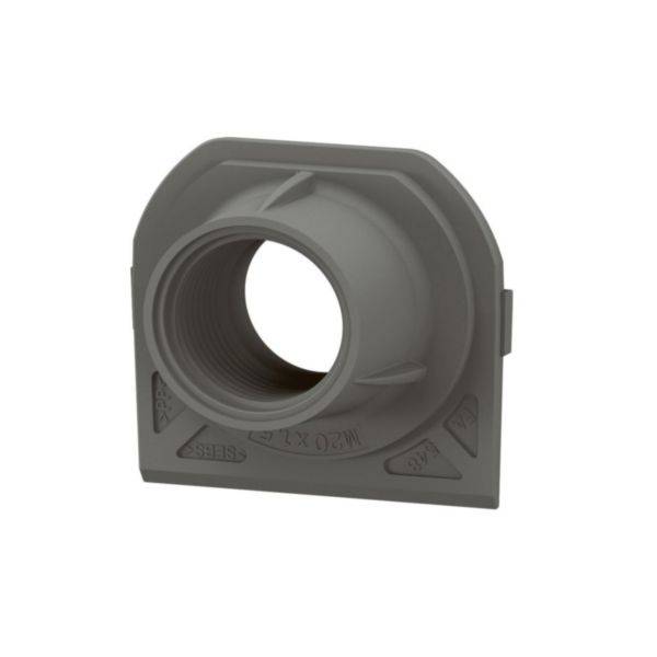 Pièce en plastique grise avec une ouverture centrale circulaire, adaptée pour l'installation dans des outils ou des machines.