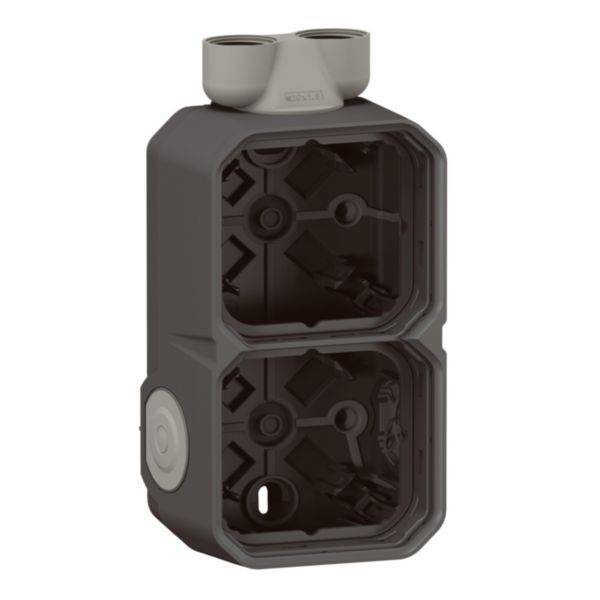 Prise double dans un boîtier noir avec des détails gris, adaptée aux installations électroniques, montrant les connexions de câbles à l'intérieur.