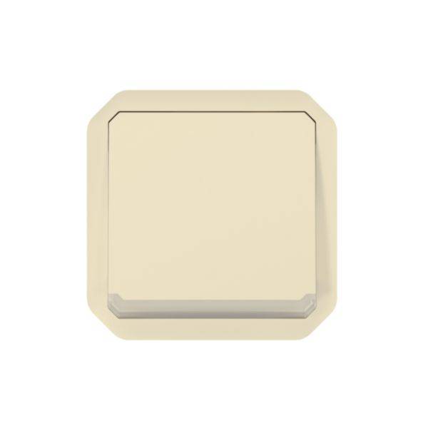 Un interrupteur de lumière beige au design carré et aux coins arrondis, au centre d'une surface de fond blanche.