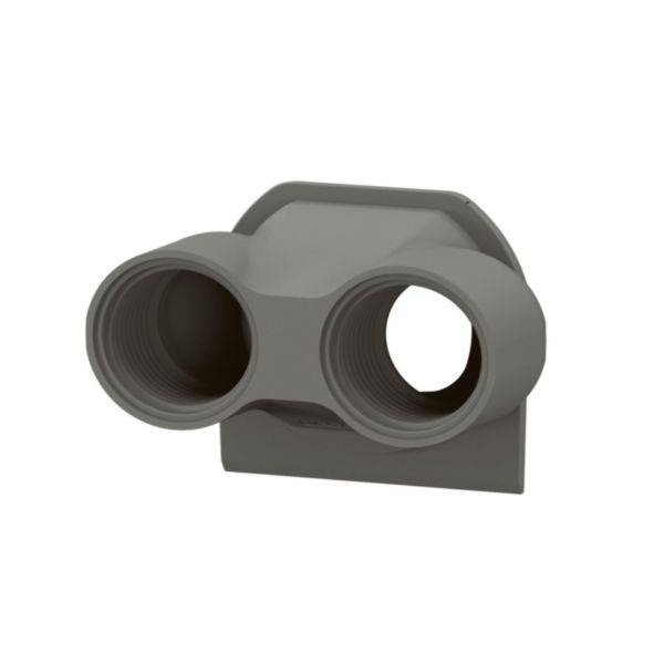 Une pièce en plastique grise avec deux ouvertures cylindriques côte à côte, qui ressemble à un élément de fixation ou de raccordement.