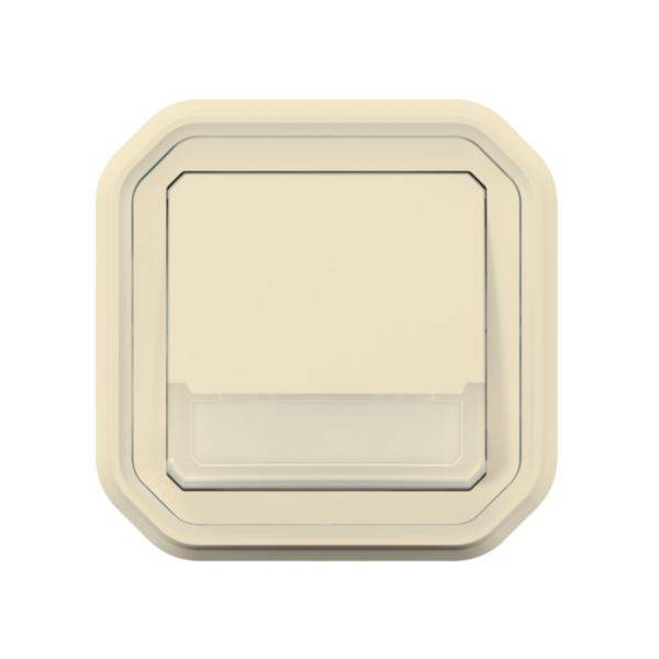 Un interrupteur lumineux de couleur crème, carré avec des coins arrondis, monté dans un boîtier de protection, typiquement utilisé pour les zones extérieures.
