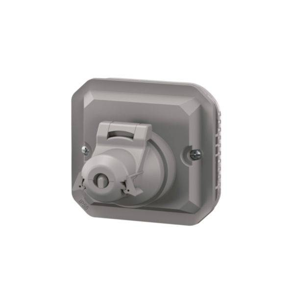 Protecteur de prise électrique gris, carré, pour extérieur avec couvercle, destiné à la fixation murale. Protège les connexions électriques contre les intempéries.