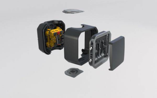 Vue éclatée d'un interrupteur électrique, composé de plusieurs pièces, comprenant le boîtier et les composants internes.