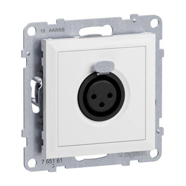 Une prise électrique blanche à deux ouvertures rondes, montée sur un cadre métallique, adaptée pour l'installation dans des systèmes électriques.
