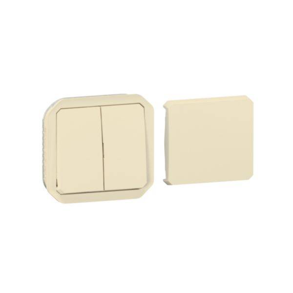 Deux interrupteurs beiges, l'un avec double commande et une plaque de couverture à côté.