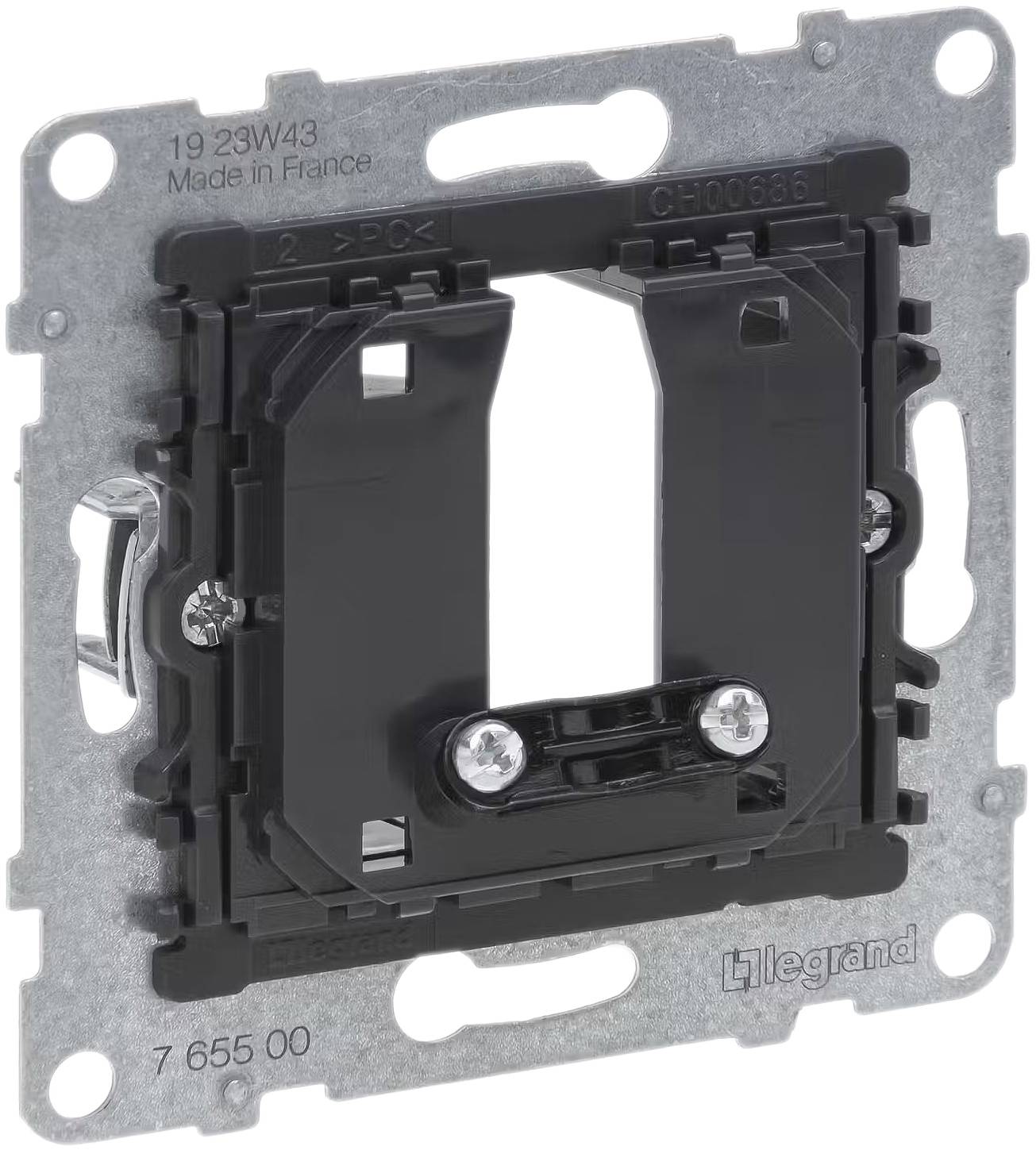 Un boîtier d'interrupteur encastrable Legrand avec cadre métallique, portant l'inscription 'Made in France', adapté pour l'installation d'interrupteurs électriques.