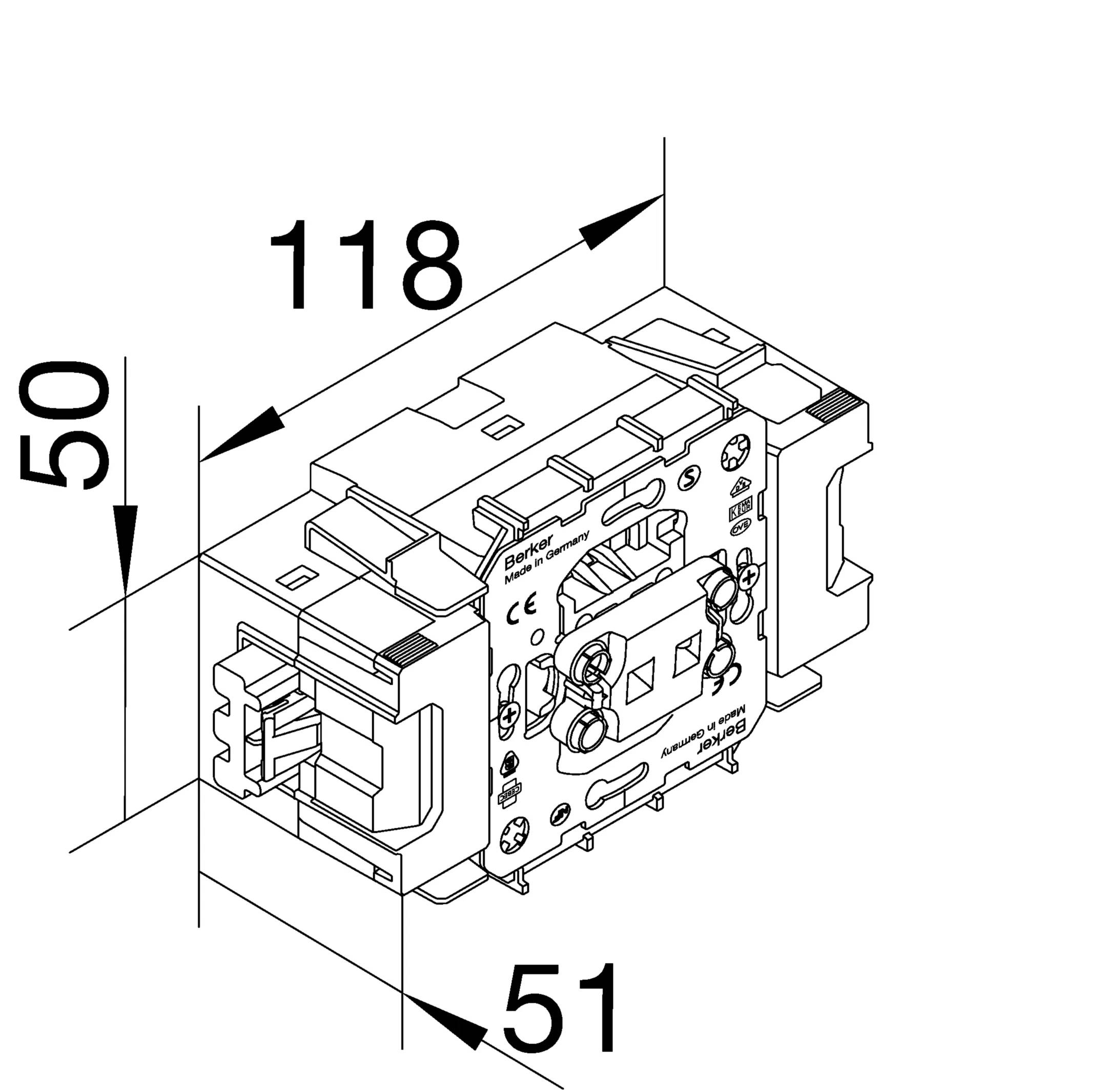Dessin technique d'un contacteur électrique avec les dimensions suivantes : largeur 118 mm, hauteur 50 mm, profondeur 51 mm.