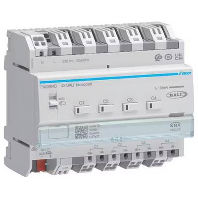 'Appareil d'installation électrique avec quatre interrupteurs, nom du produit 'Hager', étiqueté avec des spécifications techniques et des symboles.'