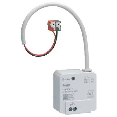 Une passerelle KNX Hager avec câble de connexion pour l'intégration dans des systèmes domotiques. Design compact pour le contrôle d'appareils intelligents.