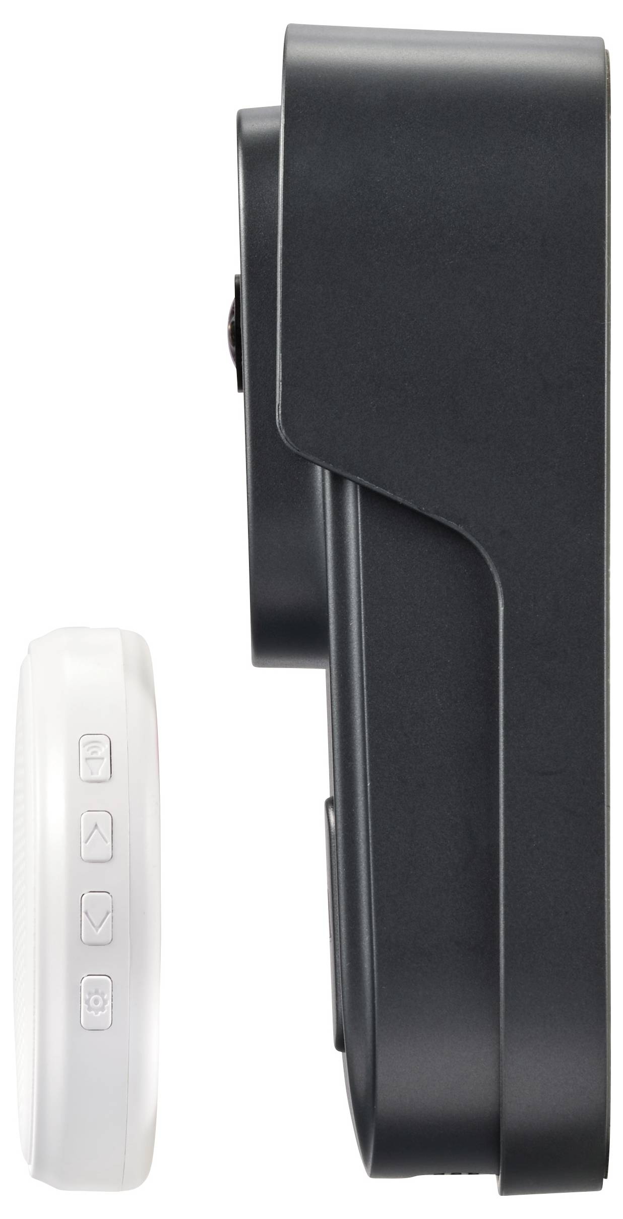 Deux appareils côte à côte en vue latérale : à gauche, un petit appareil blanc avec des touches, à droite, un appareil noir plus grand.