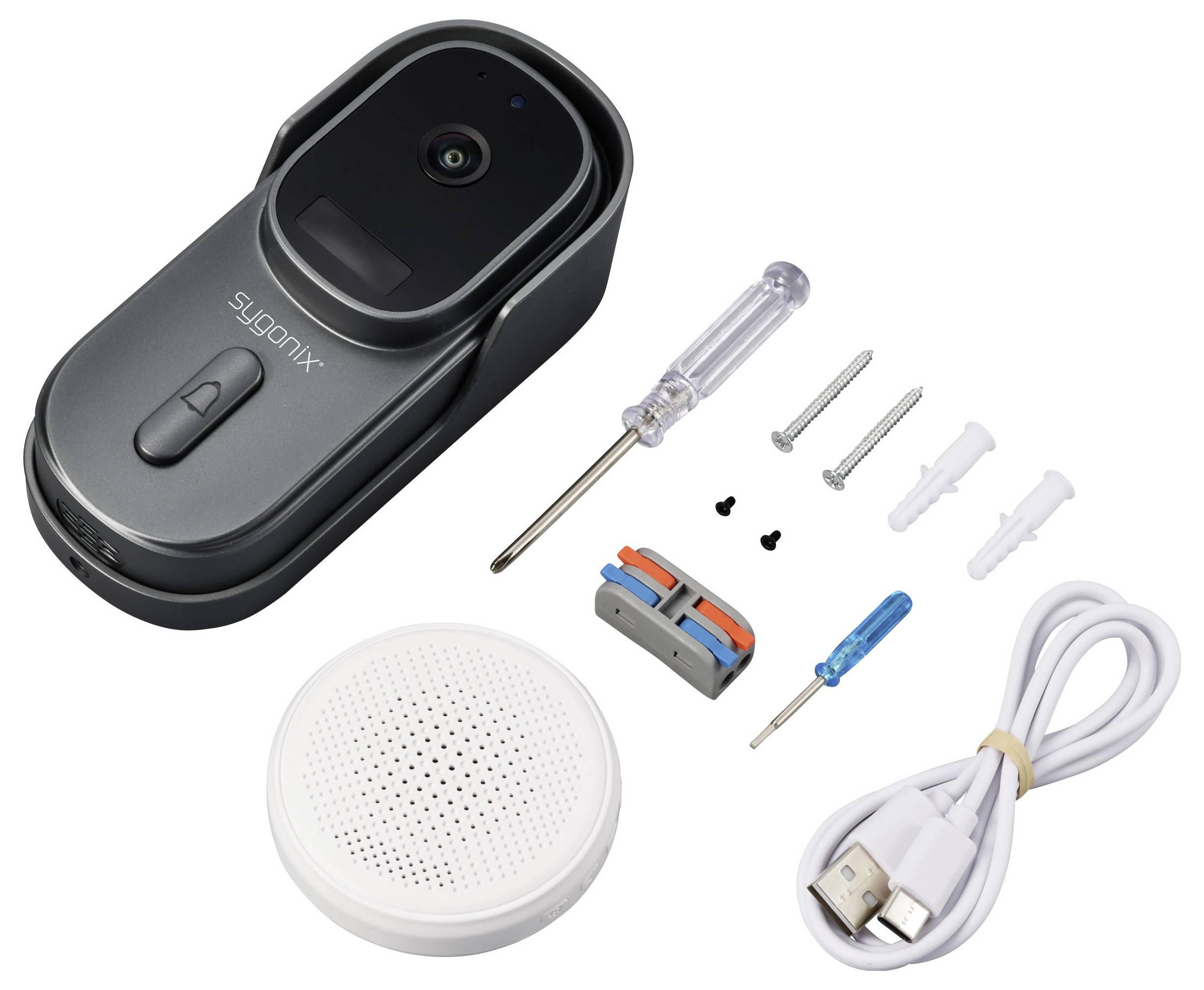 Kit de sonnette vidéo avec caméra, haut-parleur, vis, chevilles, tournevis, câble USB et bornes ; nom de marque visible.