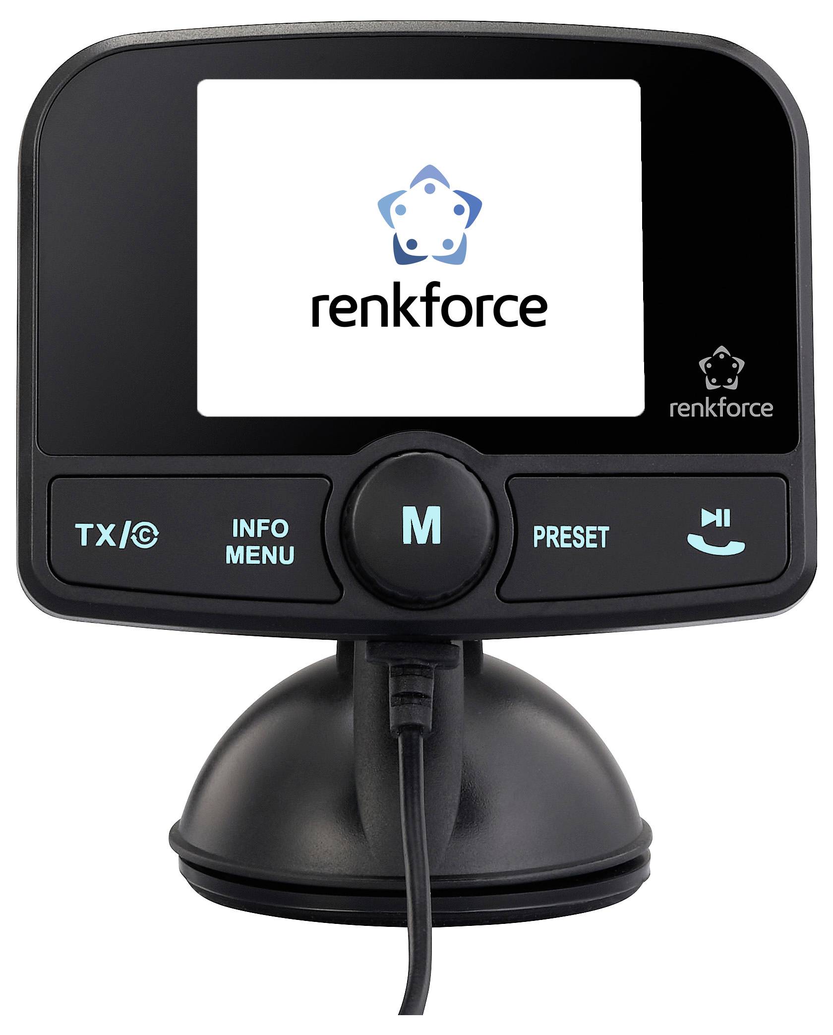 Un écran noir avec le logo et le texte 'Renkforce' au centre. Quatre touches en dessous : TX/SC, Info/Menu, M, Preset.