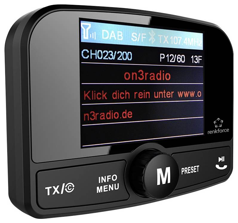 Affichage numérique DAB de radio avec informations de station. Affiche 'CH023/200', 'on3radio' et 'Connectez-vous sur www.on3radio.de'.