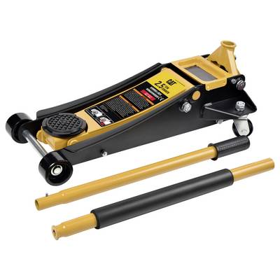 Un cric hydraulique jaune et noir avec l'étiquette « 2,5 tonnes », muni de roues et d'une poignée amovible, utilisé pour soulever des véhicules.