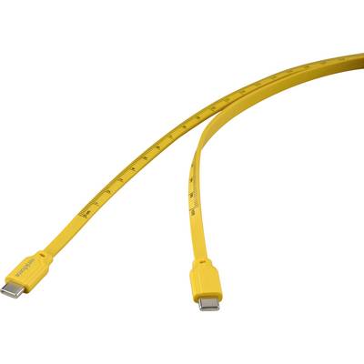 Câble USB jaune en forme de ruban à mesurer flexible, avec des divisions en centimètres marquées.