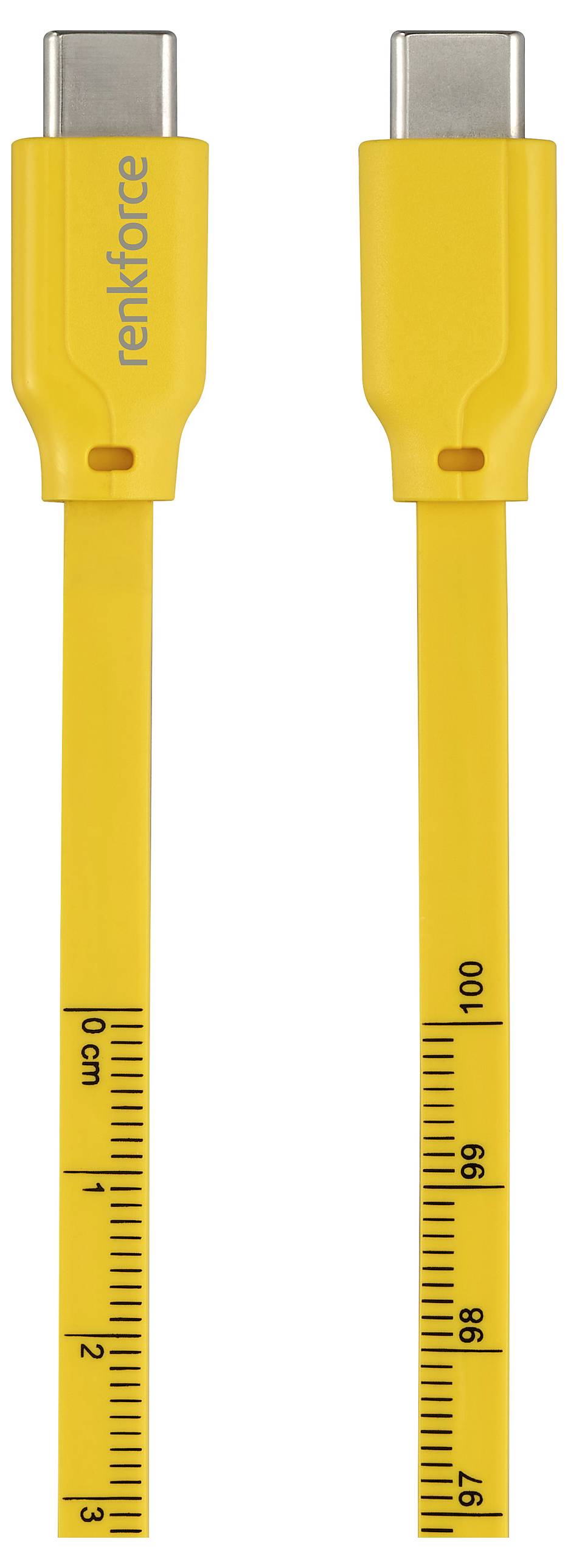 Câble USB-C jaune avec échelle en centimètres jusqu'à 1 mètre. Nom de marque 'renkforce' sur la fiche.
