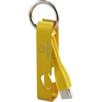 Un porte-clés jaune avec un câble de charge USB intégré et l'inscription 'renkforce', adapté pour les clés ou l'accrochage à un sac.