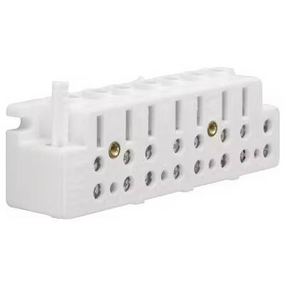 Barrette de connexion en plastique blanc avec plusieurs bornes à vis et points de contact métalliques, avec ouverture de fixation latérale visible.