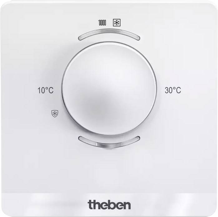 Un thermostat d'ambiance blanc de la marque 'Theben' avec bouton rotatif affiche une plage de température de 10°C à 30°C.