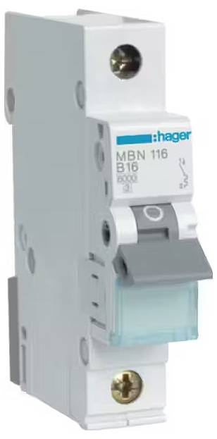 Un disjoncteur blanc de protection avec un interrupteur à bascule gris, portant l'inscription 'B16' et la marque 'Hager'. Utilisé pour la protection des circuits électriques.