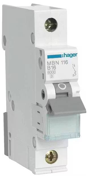 Illustration d'un disjoncteur blanc Hager avec levier gris, type MBN 116 B16, destiné à être utilisé dans des circuits électriques.