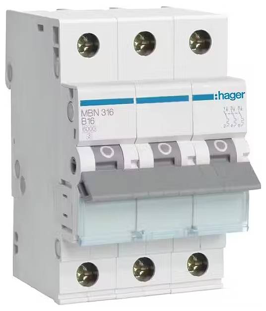 Un disjoncteur tripolaire portant l'inscription 'B16'. Il sert à protéger les circuits électriques contre les surcharges et les courts-circuits.