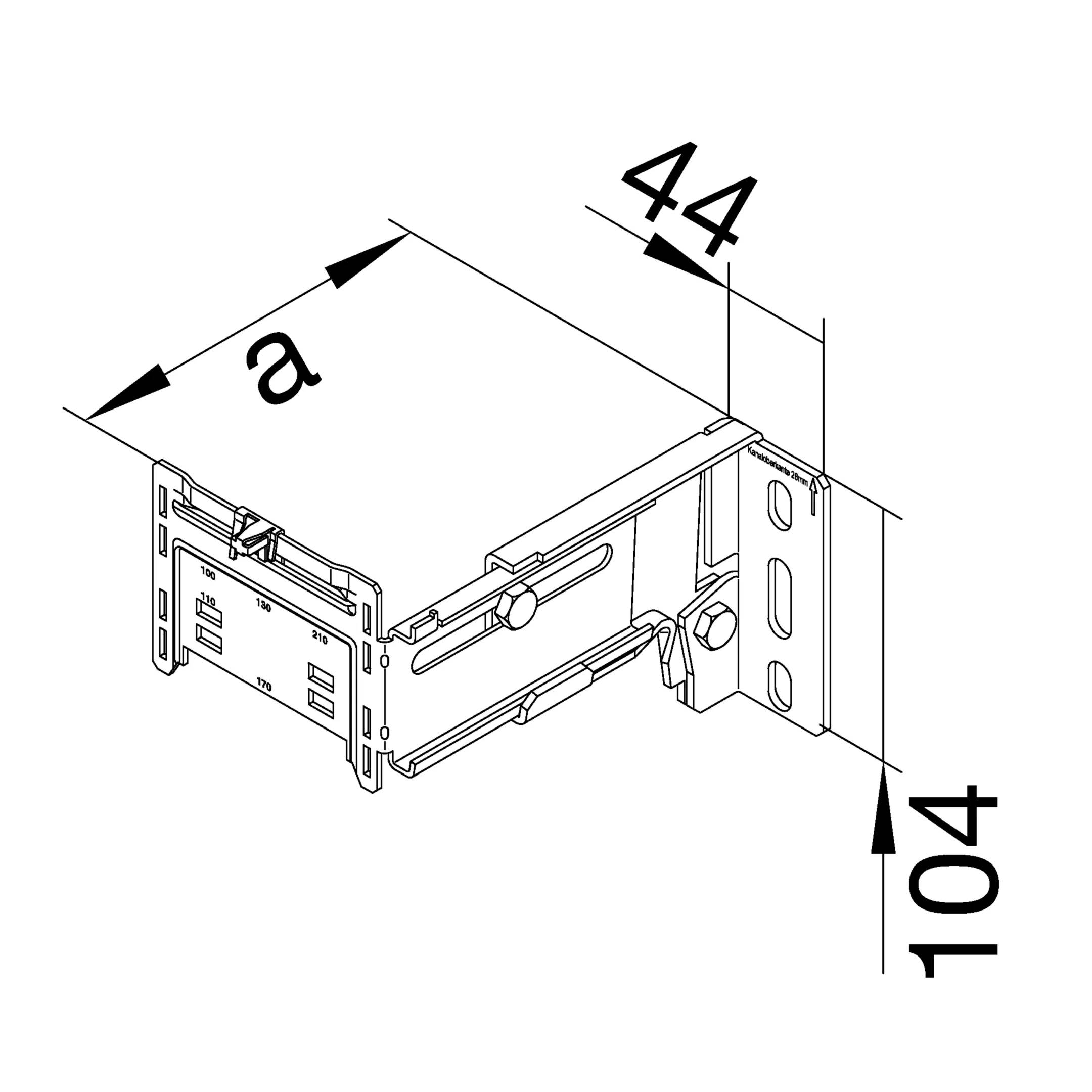 Schéma d'un ensemble électrique de dimensions 44 mm et 104 mm. Indique les points de fixation et les fentes de ventilation.