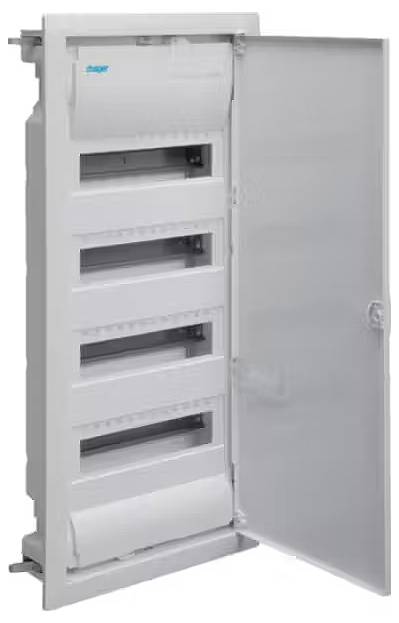 Un coffret électrique ouvert avec plusieurs rangées de disjoncteurs. La porte est ouverte sur la droite.