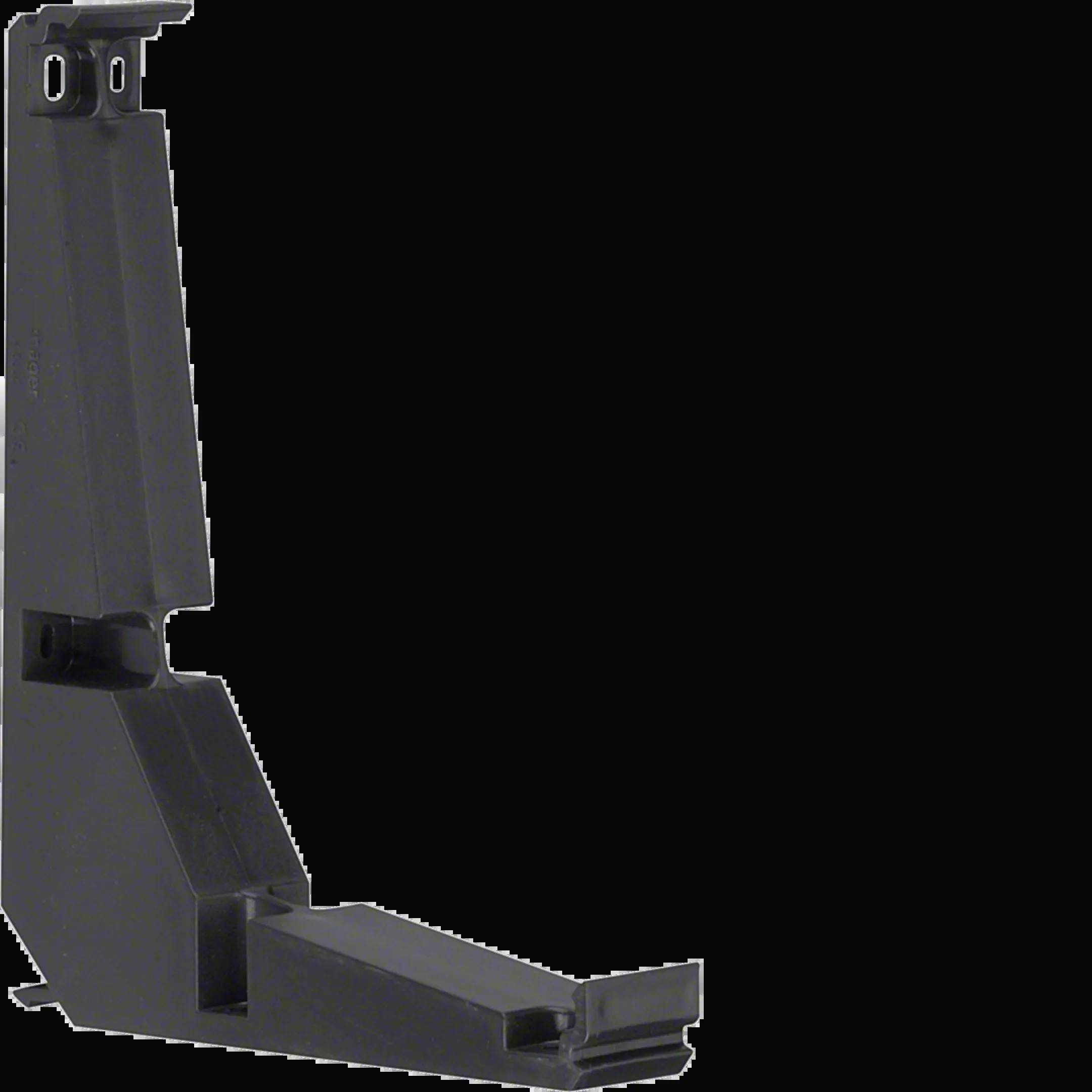 Un support noir en plastique en forme de L, potentiellement adapté pour la fixation murale d'appareils techniques.