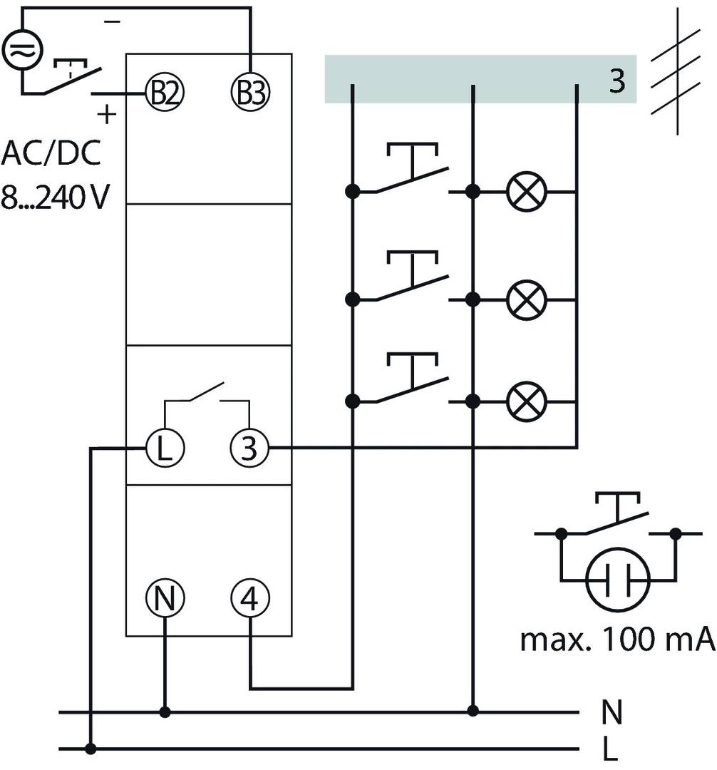 Le schéma montre une connexion AC/DC avec un relais et trois circuits d'éclairage. Une zone est marquée '3' avec un courant maximal de 100 mA.