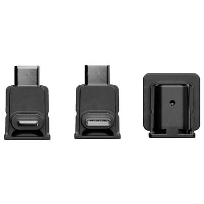 Trois vues d'un connecteur USB-C noir dans un boîtier adaptateur. Vue de face, vue latérale et vue arrière sont présentées.