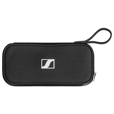 Étui noir avec fermeture éclair et bandoulière, avec un logo stylisé en blanc.