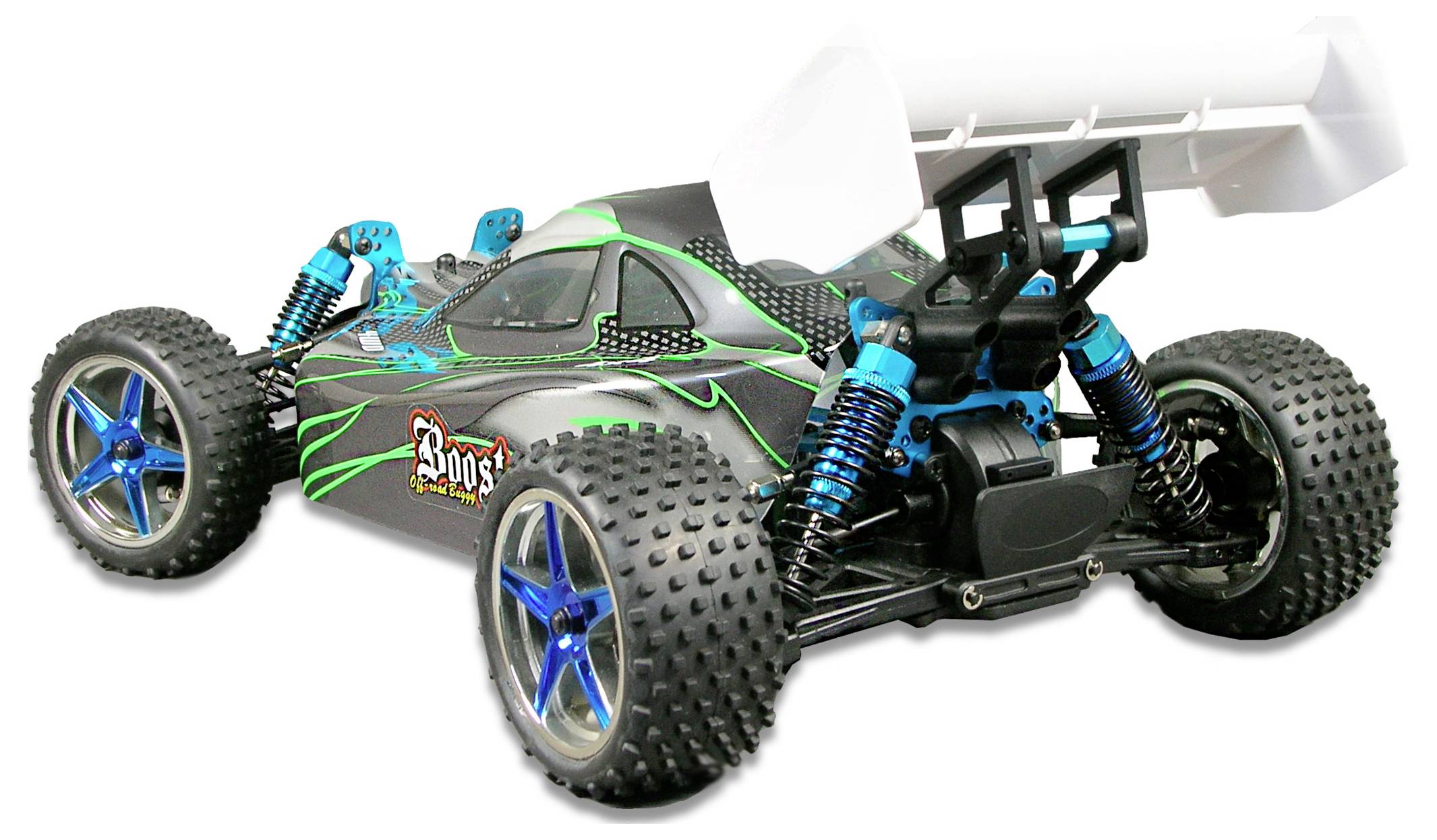 Jouet de voiture de course avec de grandes roues, design de carrosserie bleu-noir et motif vert, vue de derrière.